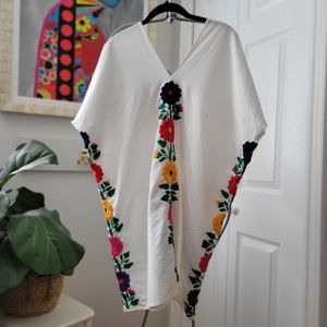 *Host Pick* White Cotton Mini Dress Cover-up with Embroidered Flowers